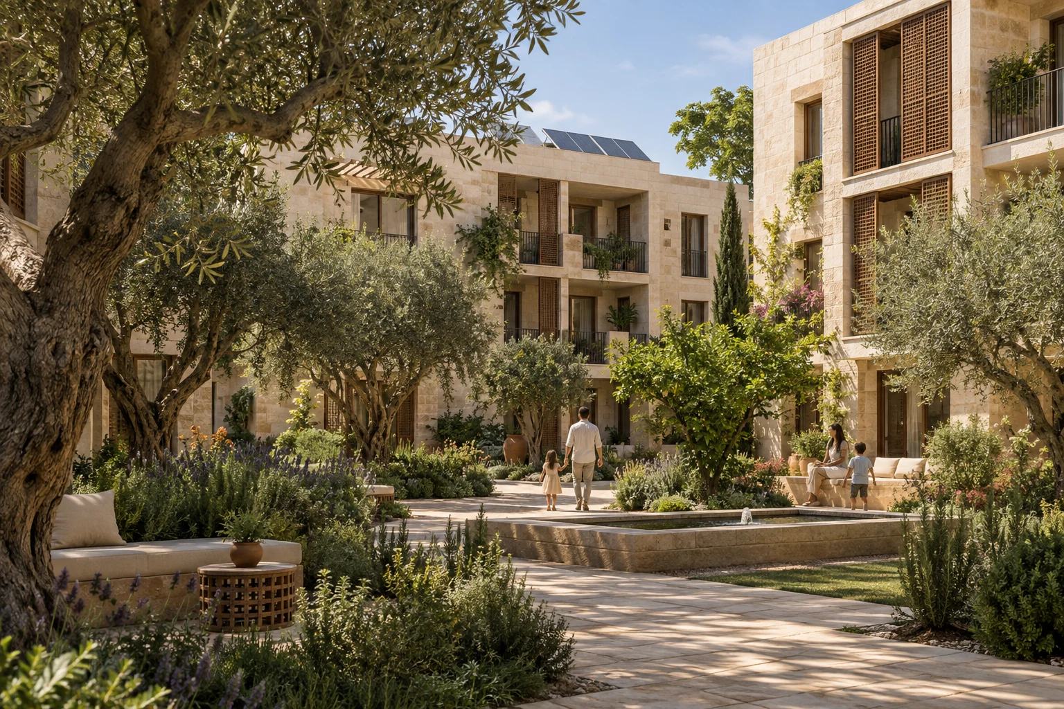 Concept illustration of limestone apartments around a planted courtyard with shaded paths